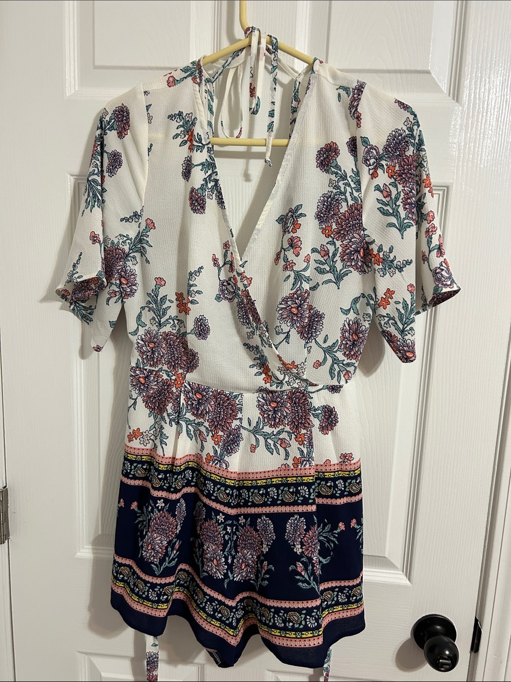 Trixxi Ivory Floral Wrap Romper with Navy Border romper